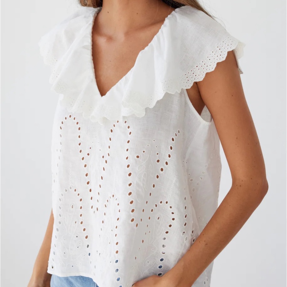AYR - Ciao Ciao, White Eyelet Blouse with Ruffle Detail Medium